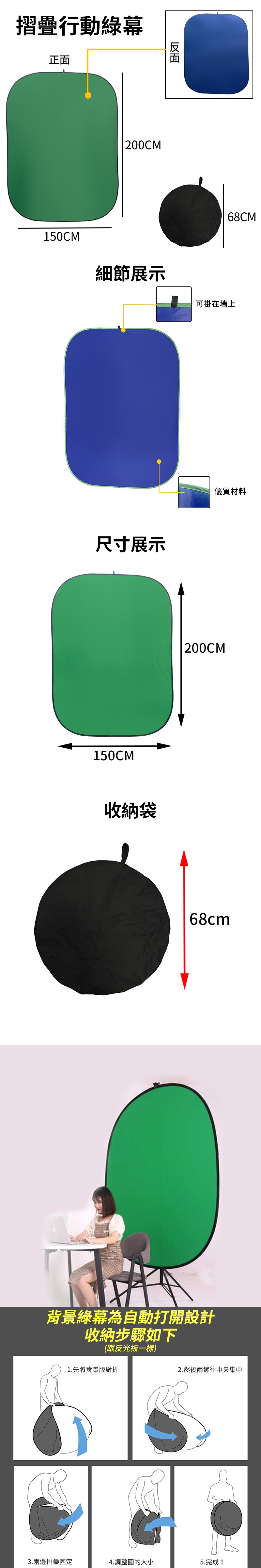 摺疊行動綠幕正面150CM200CM細節展示尺寸展示150CM收納袋68CM可掛在墙上優質材料200CM68cm背景綠幕為自動打開設計收納步驟如下(跟反光板一樣)1. 先將背景版對折2.然後兩邊往中央集中3.兩邊摺疊固定4.調整圓的大小5.完成!